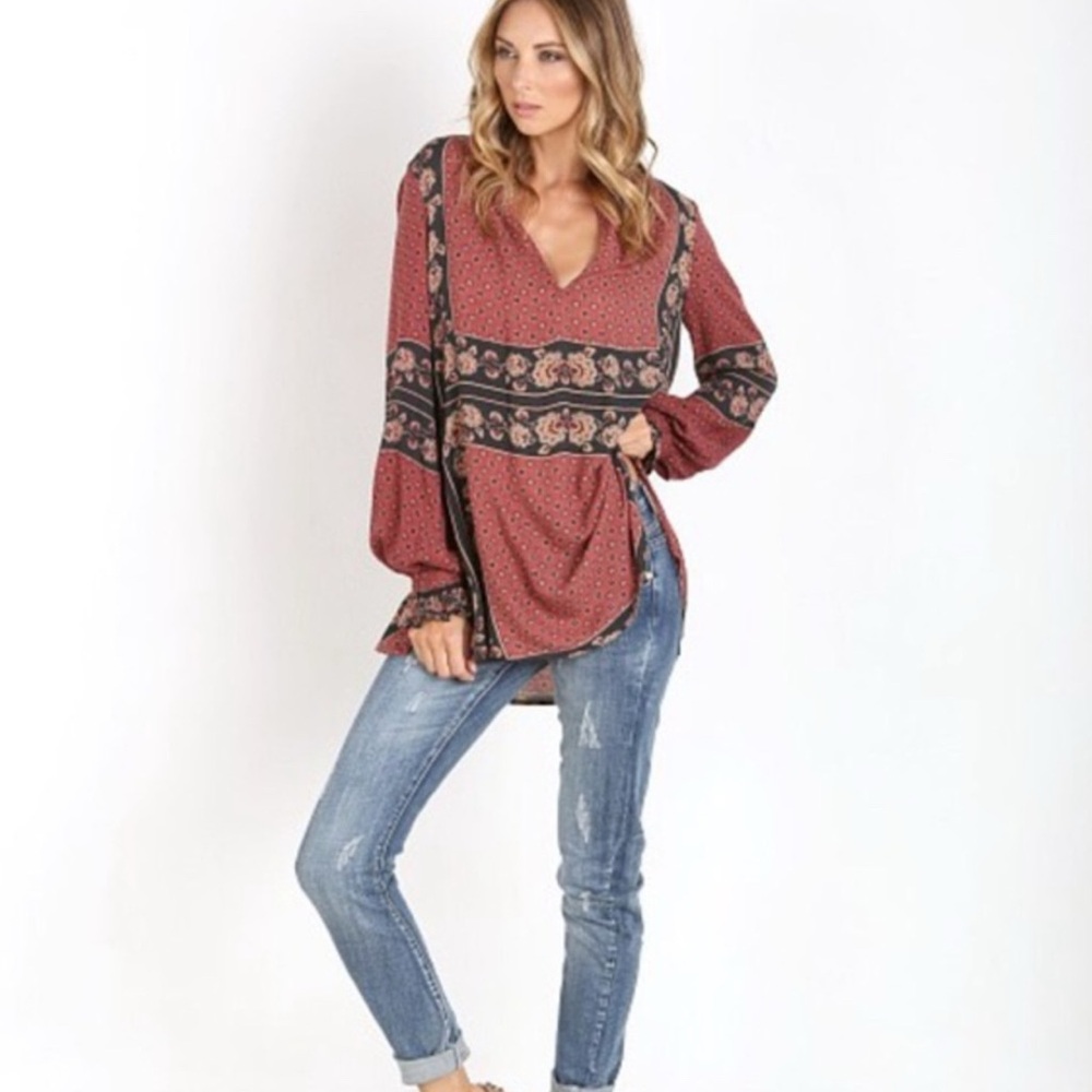 Free People Burgundy and Black Floral Long Sleeve Dress